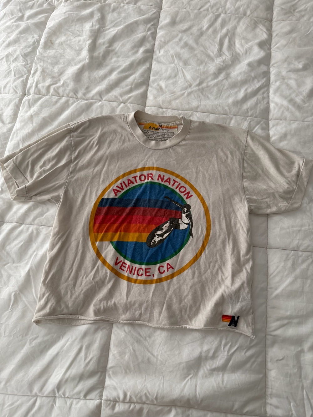Aviator Nation Cream Tee with Rainbow Logo - read description flaw